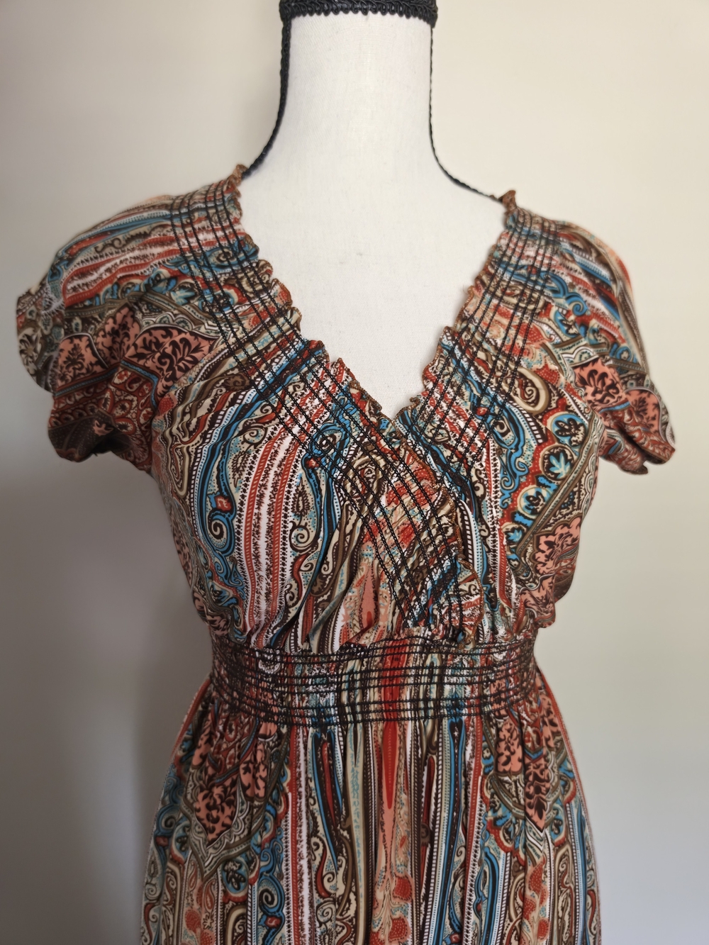 Multicolor Paisley Smocked V-Neck Cap Sleeve Maxi Dress Long Size L